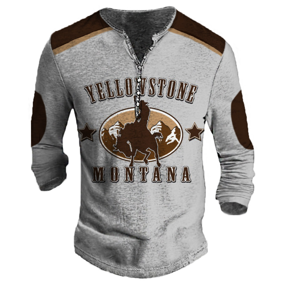 

Men's Vintage Yellowstone Western Cowboy Henley Long Sleeve T-Shirt