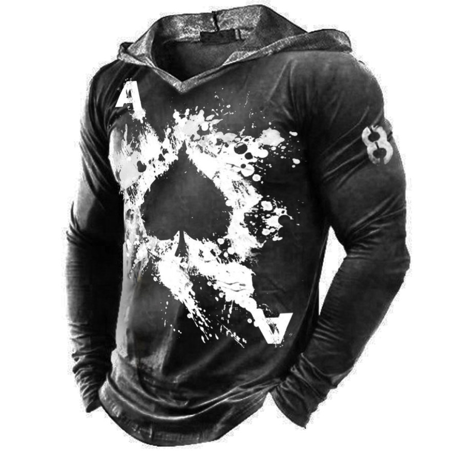 

Men's Vintage Playing Card Ace Of Spades Hooded Long Sleeve T-Shirt