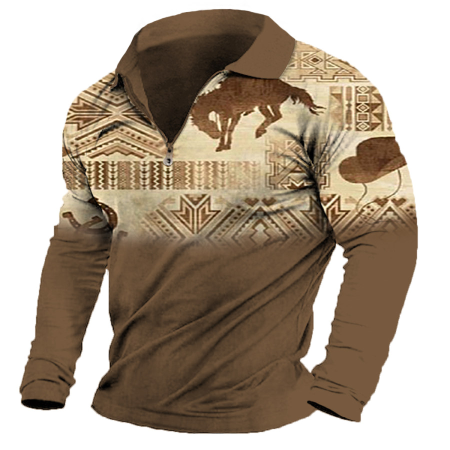 

Men's Vintage Western Cowboy Ethnic Lapel Long Sleeve T-Shirt