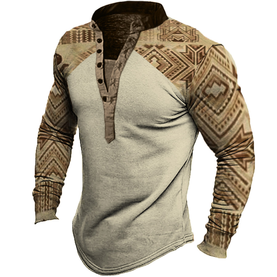 

Men's Vintage Western Cowboy Ethnic Henley Long Sleeve T-Shirt