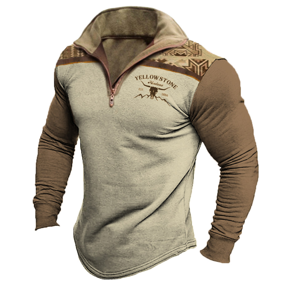 

Men's Vintage Yellowstone Ethnic Pattern Lapel Long Sleeve T-Shirt