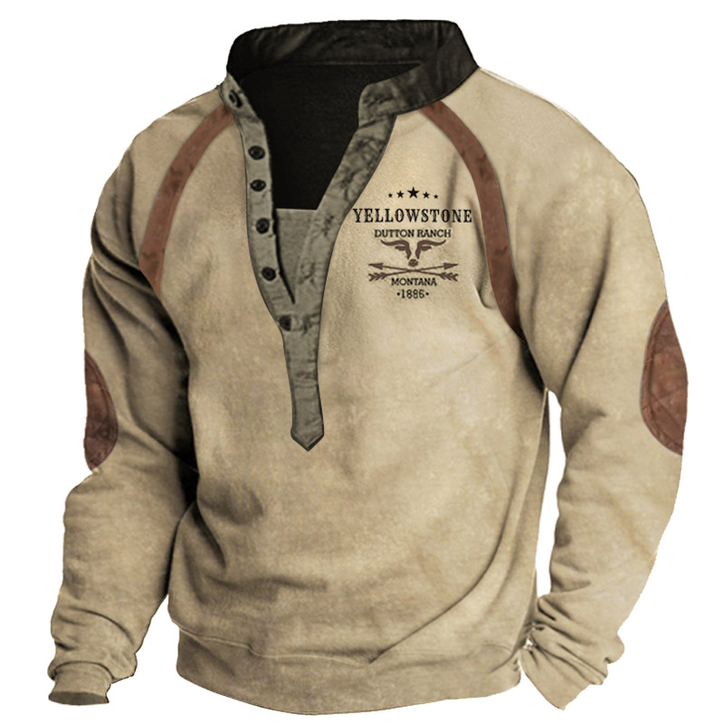 Men's Vintage Western Yellowstone Chic Raglan Henley Sweatshirt