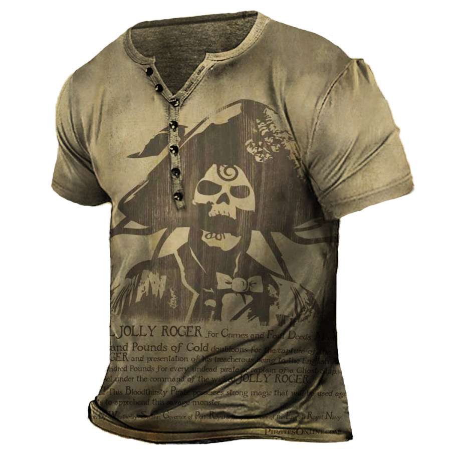 

Men's Vintage Distressed Nautical Skull Henley Short Sleeve T-Shirt