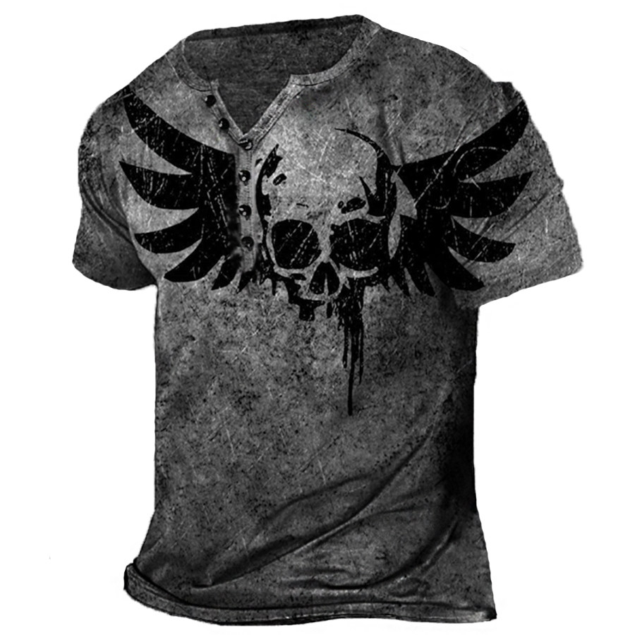 

Men's Vintage Distressed Skull Henley Short Sleeve T-Shirt