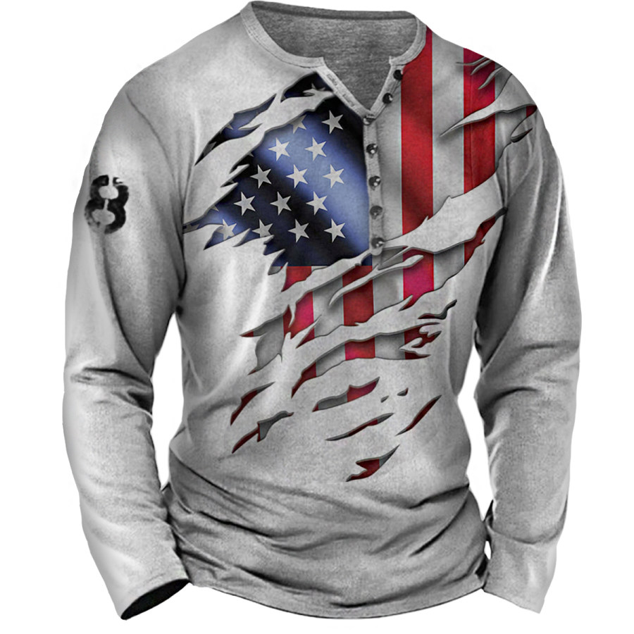 

Men's Vintage Distressed American Flag Henley Long Sleeve T-Shirt