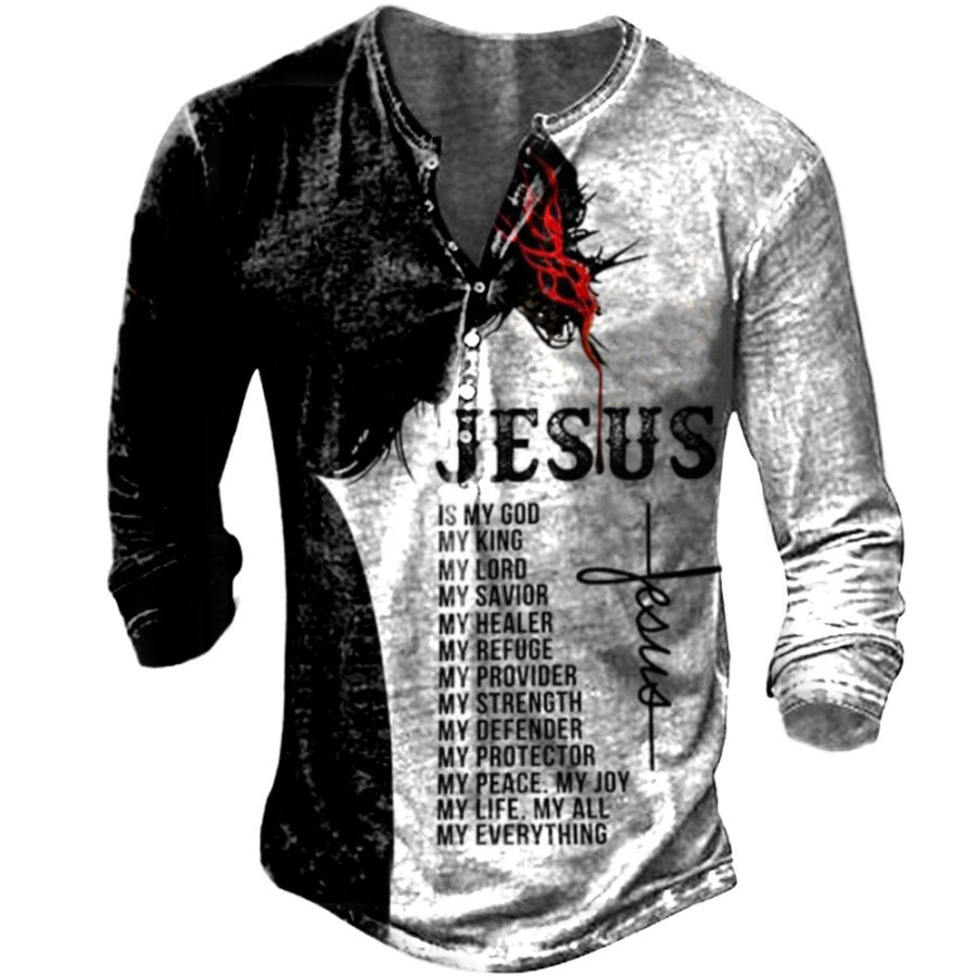 

Men's Jesus Cross Print Henley Collar Long Sleeve T-Shirt
