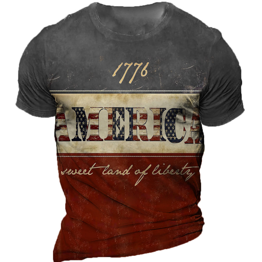 

Men's Vintage 1776 Independence Day American Flag Round Neck Short Sleeve T-Shirt