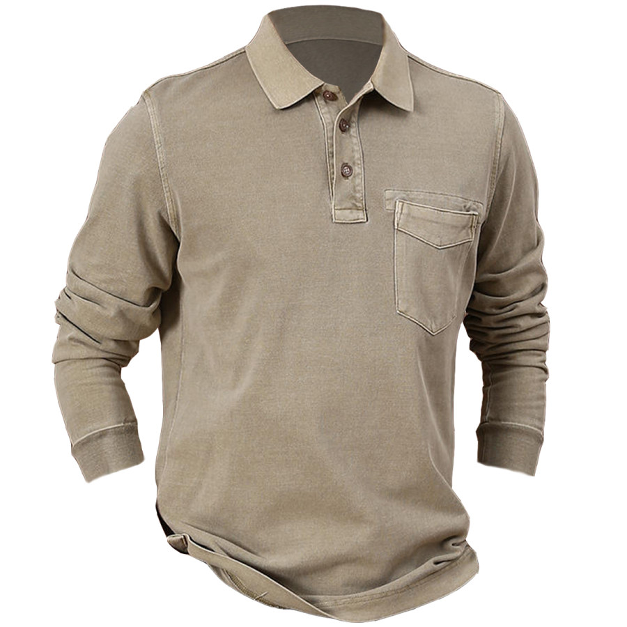 

Men's Vintage Pocket Long Sleeve POLO Shirt