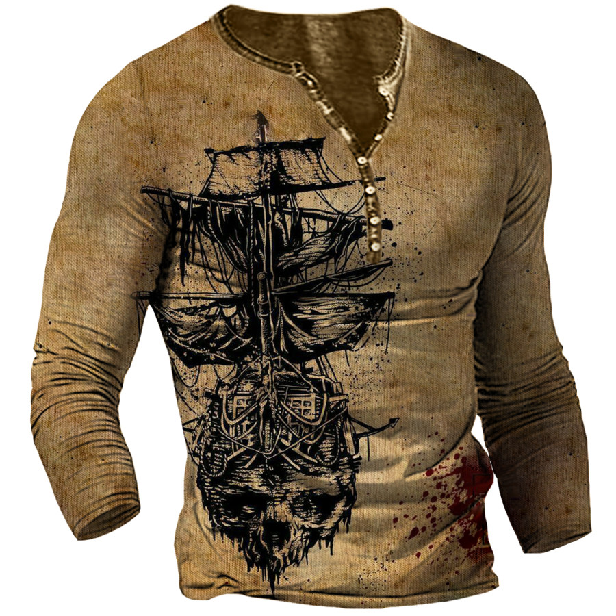 

Men's Vintage Distressed Nautical Skull Henley Long Sleeve T-Shirt