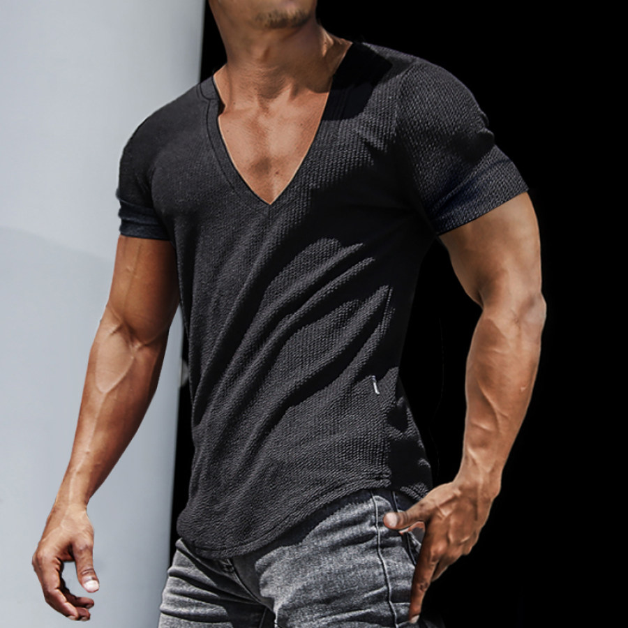 

Мужская повседневная тонкая футболка с коротким рукавом Спорт Фитнес Бег Топы с V-образным вырезом