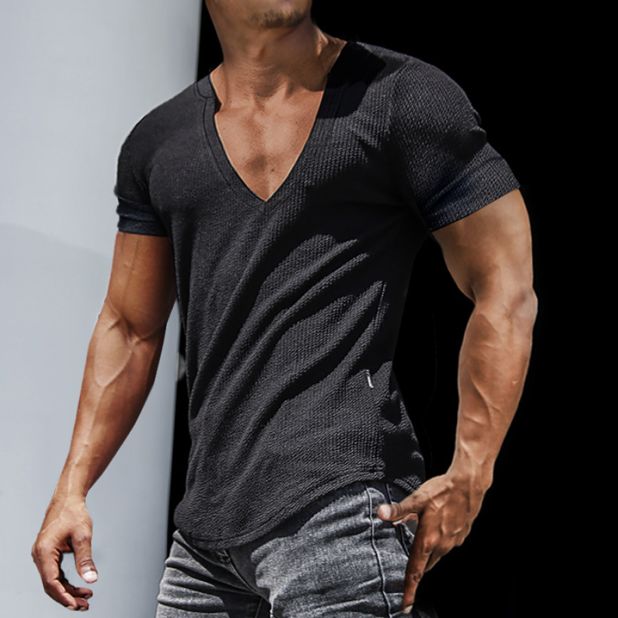 

Men's Casual Slim Short Sleeve T-Shirt Sports Fitness Running V Neck Tops