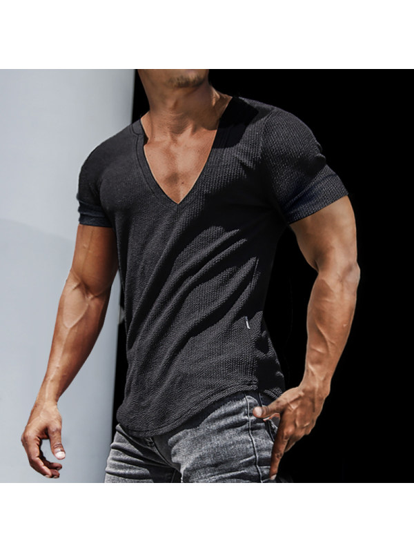 Men's Casual Slim Short Sleeve T-Shirt Sports Fitness Running V Neck Tops