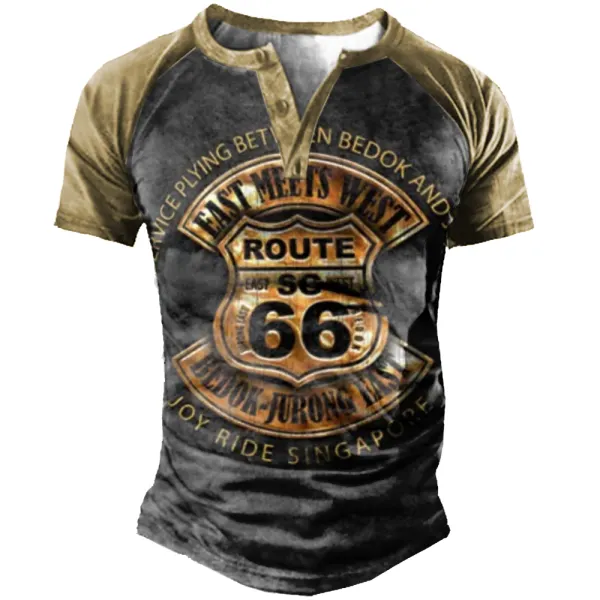 Men's Vintage Route 66 Print Henley Collar T-shirt - Chrisitina.com 