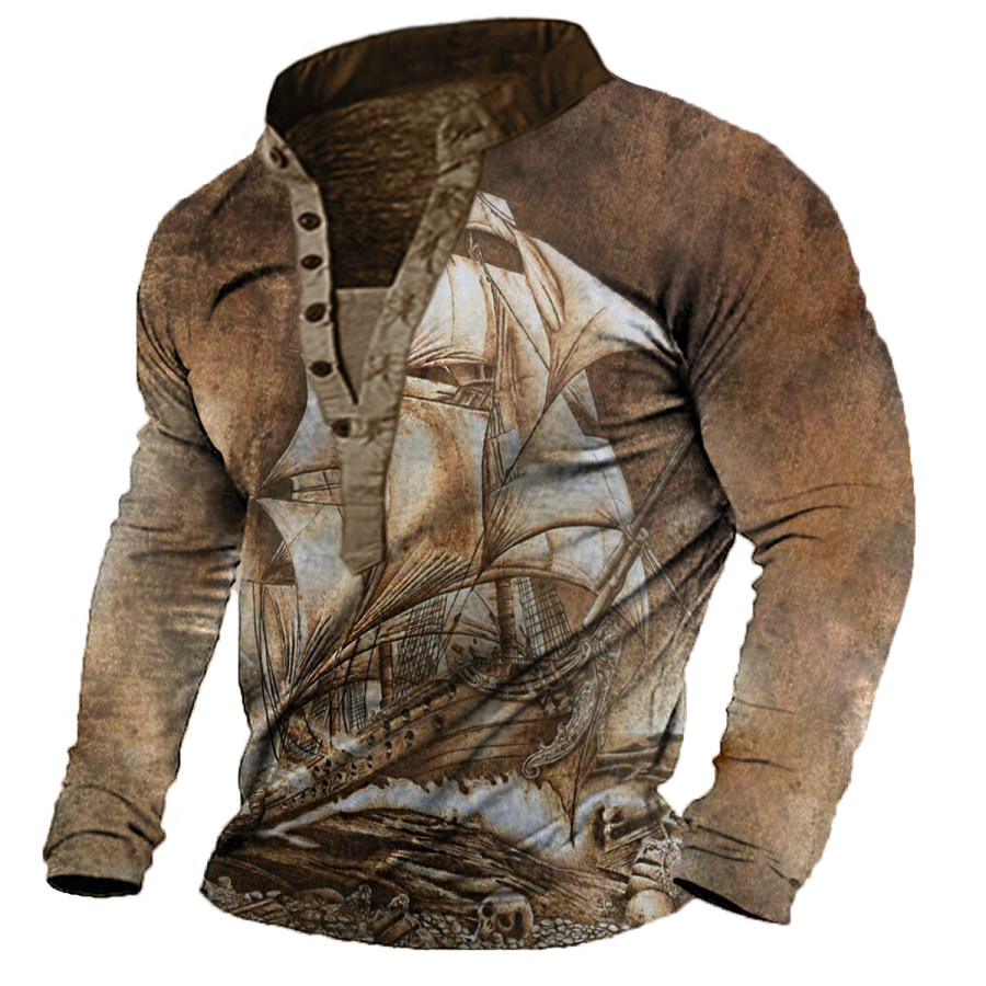 

Men's Vintage Distressed Nautical Henley Long Sleeve T-Shirt