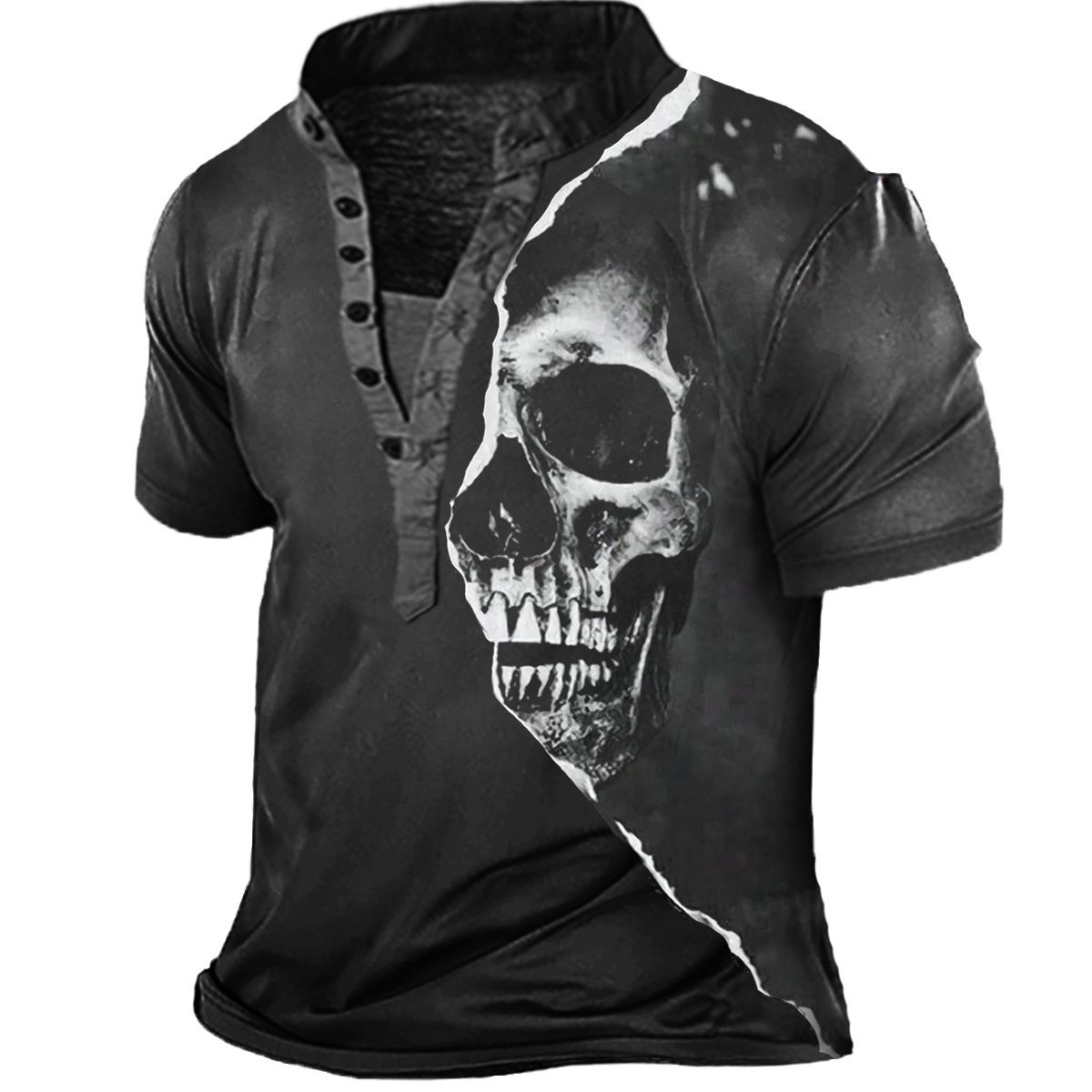 Men's Vintage Skull Henley Chic Short Sleeve T-shirt