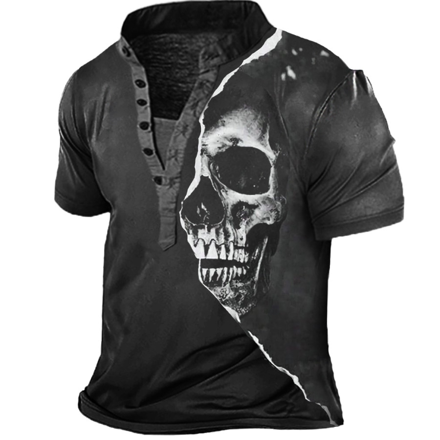 

Men's Vintage Skull Henley Short Sleeve T-Shirt