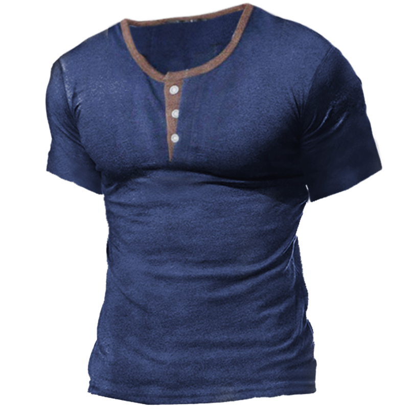 Men's Outdoor Casual Colorblock Chic Henley Collar T-shirt