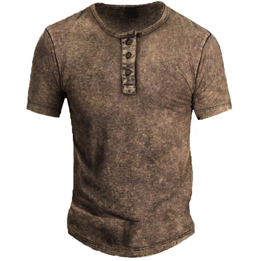 

Men's Vintage Distressed Henley Short Sleeve T-Shirt