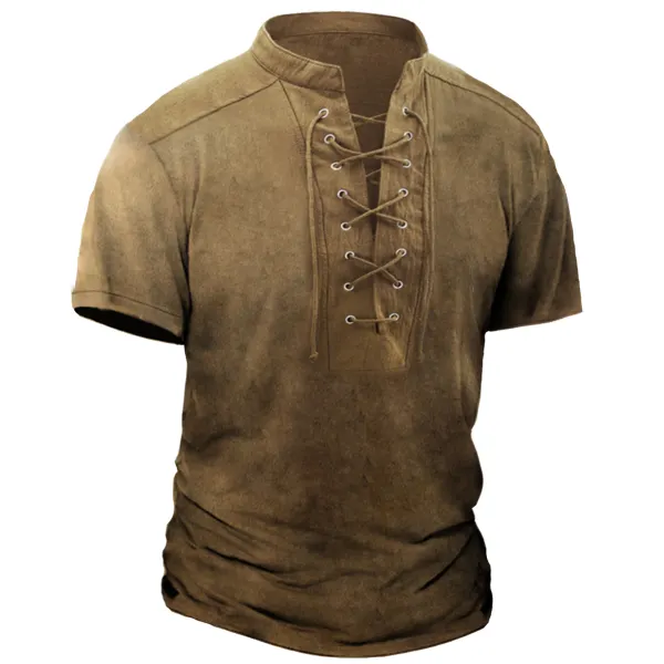 Men's Vintage Drawstring Short Sleeve T-Shirt - Sanhive.com 