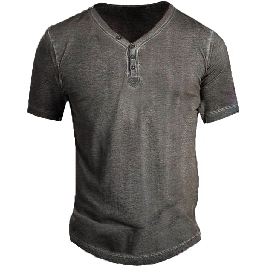 

Men's Vintage Distressed Henley Short Sleeve T-Shirt