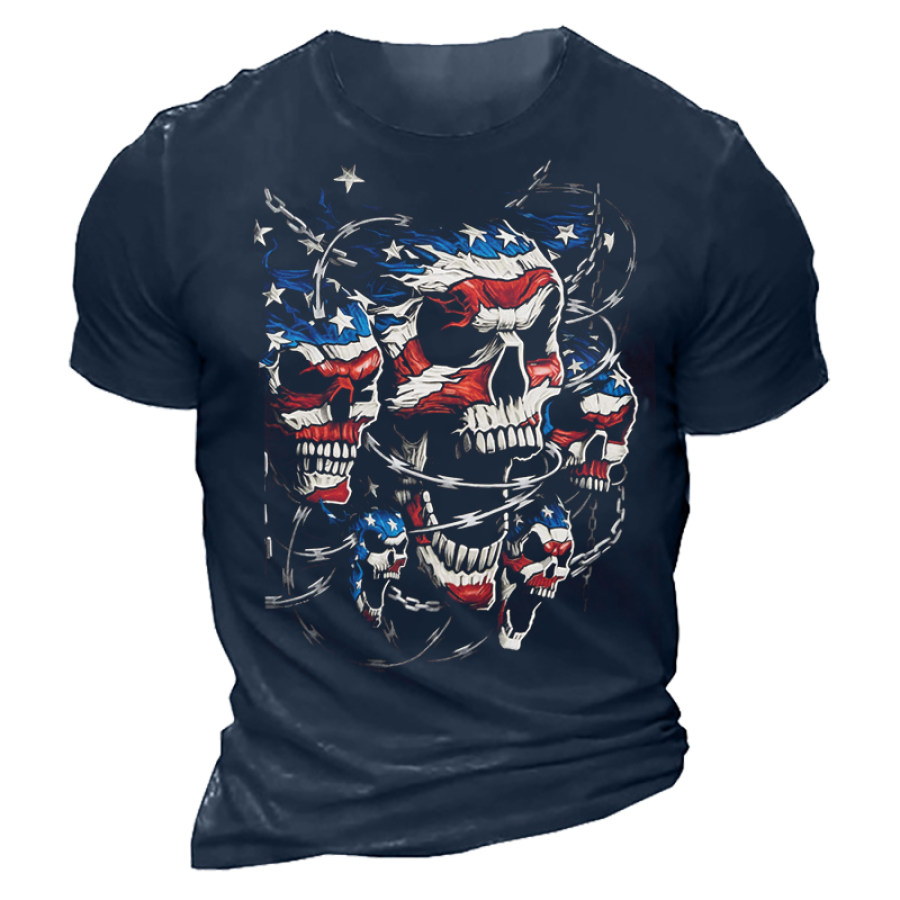 

Men's Vintage American Flag Skull Print T-Shirt