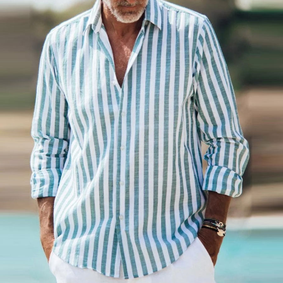 

Camicia A Maniche Lunghe Da Uomo In Cotone E Lino A Righe Vintage Con Taschino Sul Petto