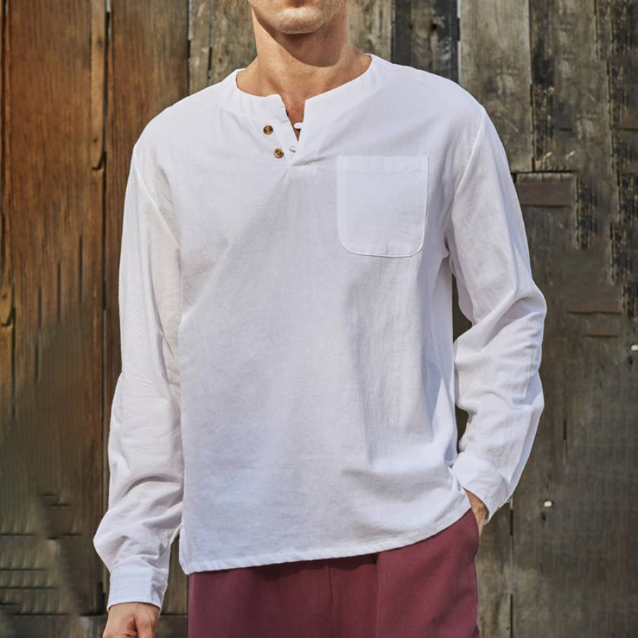 

Men's Casual Loose Solid Color V-neck Cotton Linen Long-sleeved Shirt