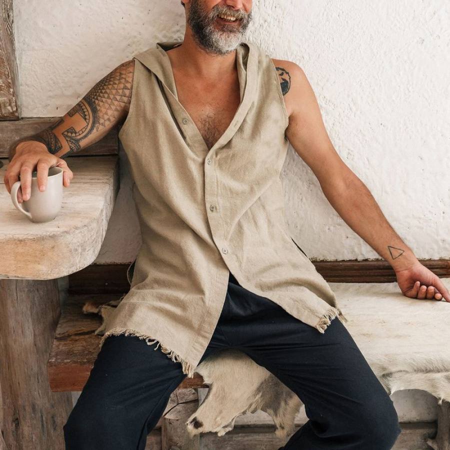 

Men's Vintage Cotton Linen Sleeveless Cardigan Vest