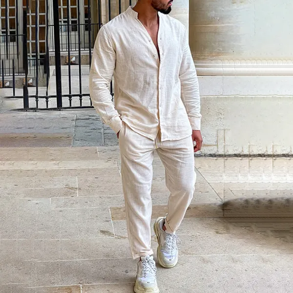 Men's Casual Loose Cotton Linen Breathable Long-sleeved Trousers Suit - Menilyshop.com 
