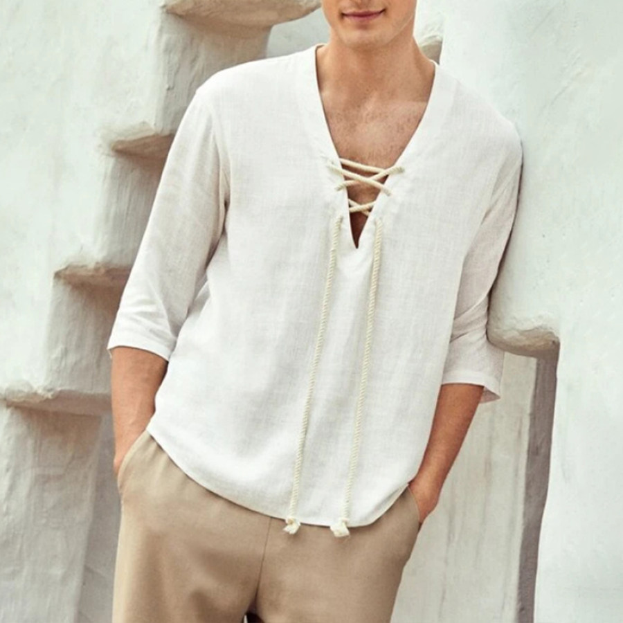 

Men's Casual Loose Solid Color Cotton Linen Tie Shirt