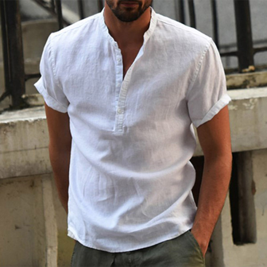 

Men's Casual Loose Cotton Linen Solid Color Stand Collar Short Sleeve Shirt
