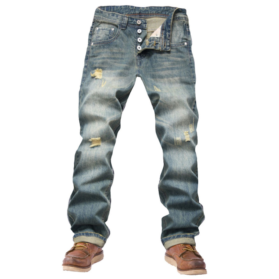 

Men's Retro Casual Ripped Straight Button Jeans