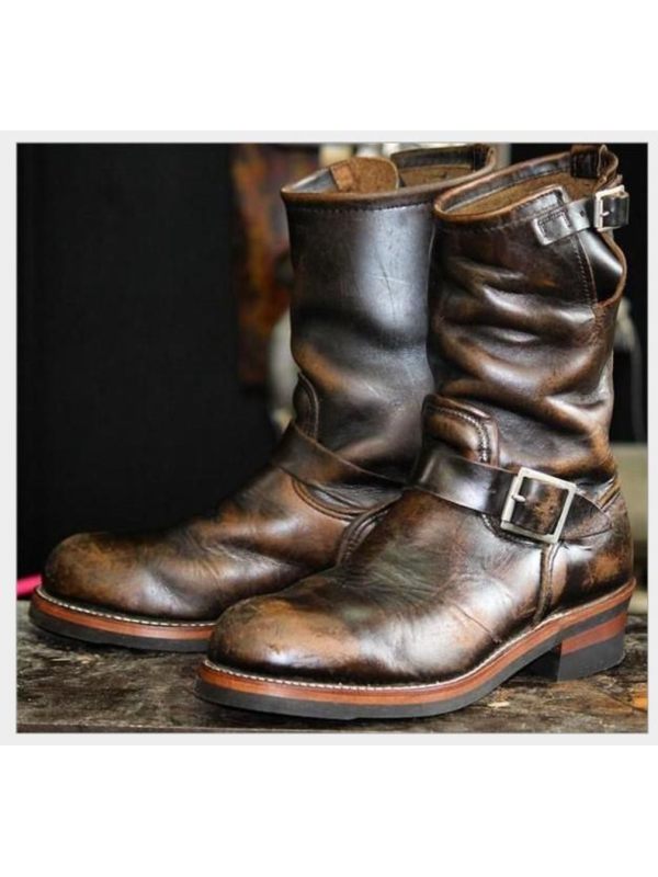 Men's Outdoor Retro Vntage Belt Buckle Low Heel PU Boots