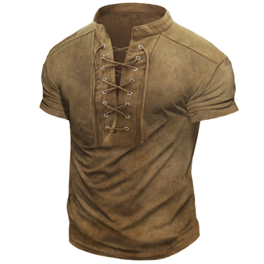 

Men's Vintage Tie Stand Collar Short Sleeve T-Shirt