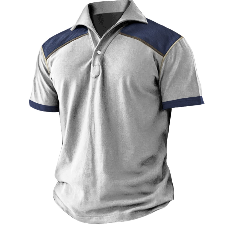 

Men's Vintage Colorblock Lapel Short Sleeve T-Shirt