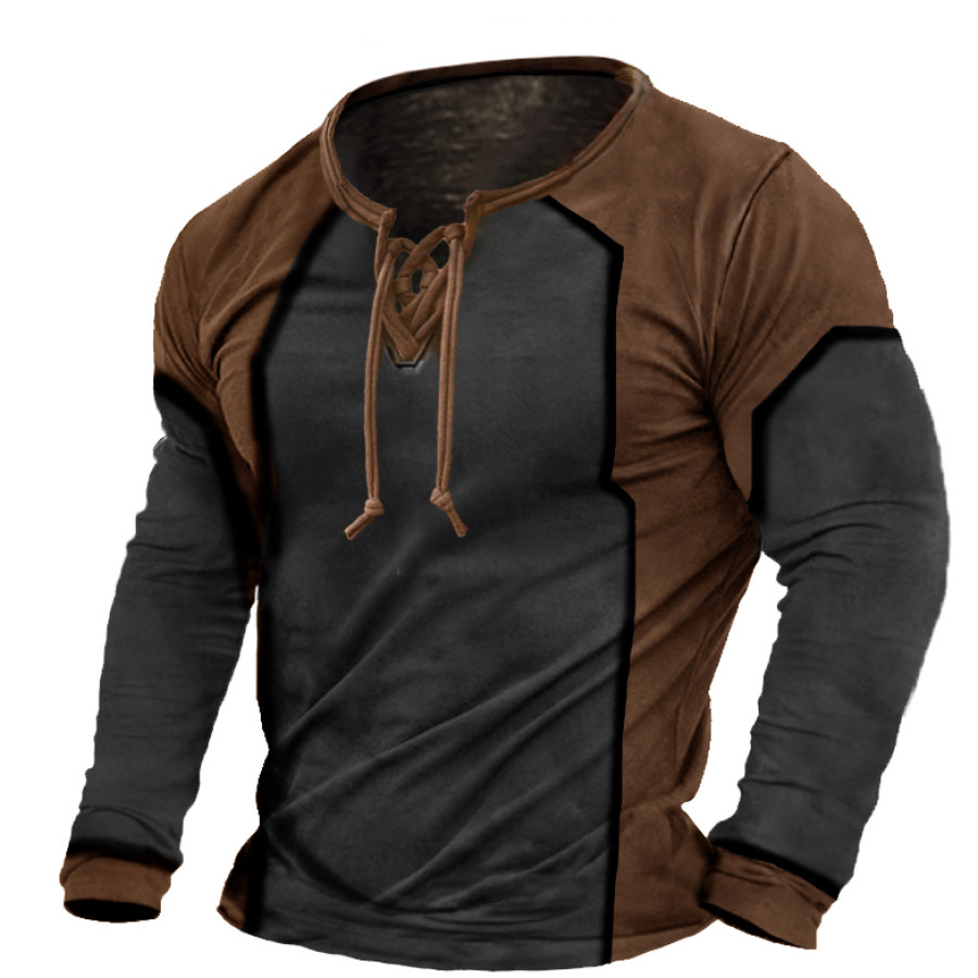 

Men's Vintage Lace Up Contrast Color Long Sleeve T-Shirt