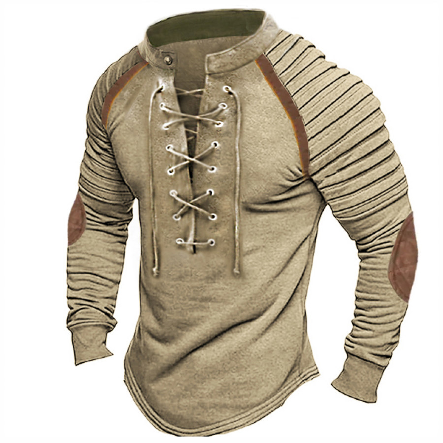 

Men's Vintage Lace Up Casual Colorblock Long Sleeve T-Shirt