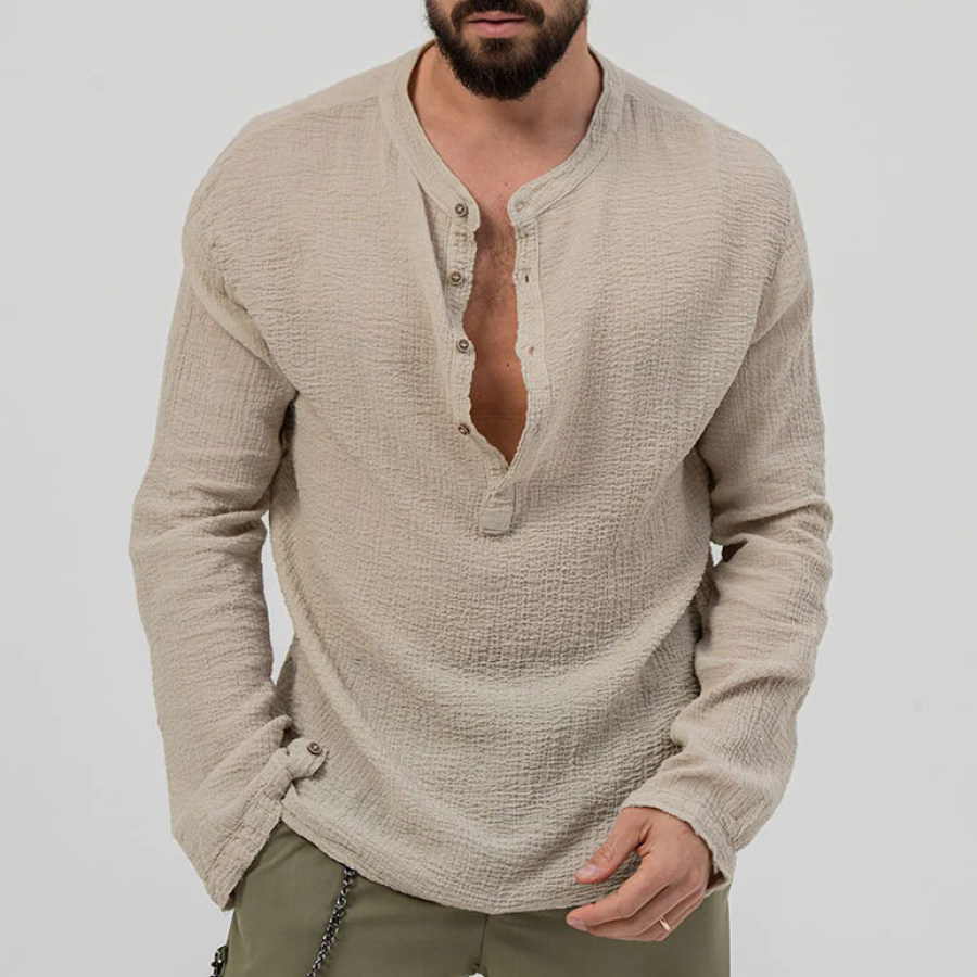 

Men's Casual Solid Color Loose Cotton Henley Collar Shirt