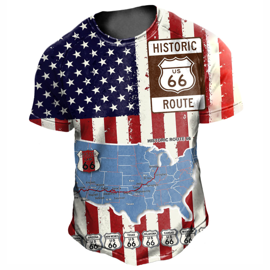 

Men's Vintage American Flag Route 66 Print T-Shirt