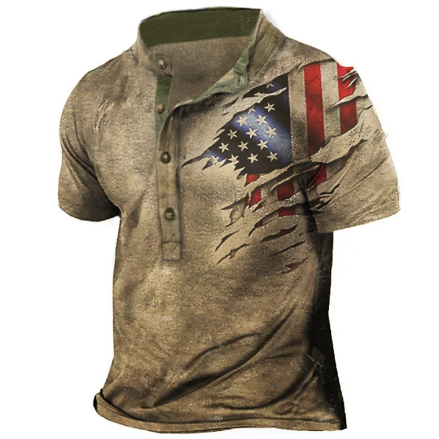 

Men's Vintage American Flag Print Henley T-Shirt