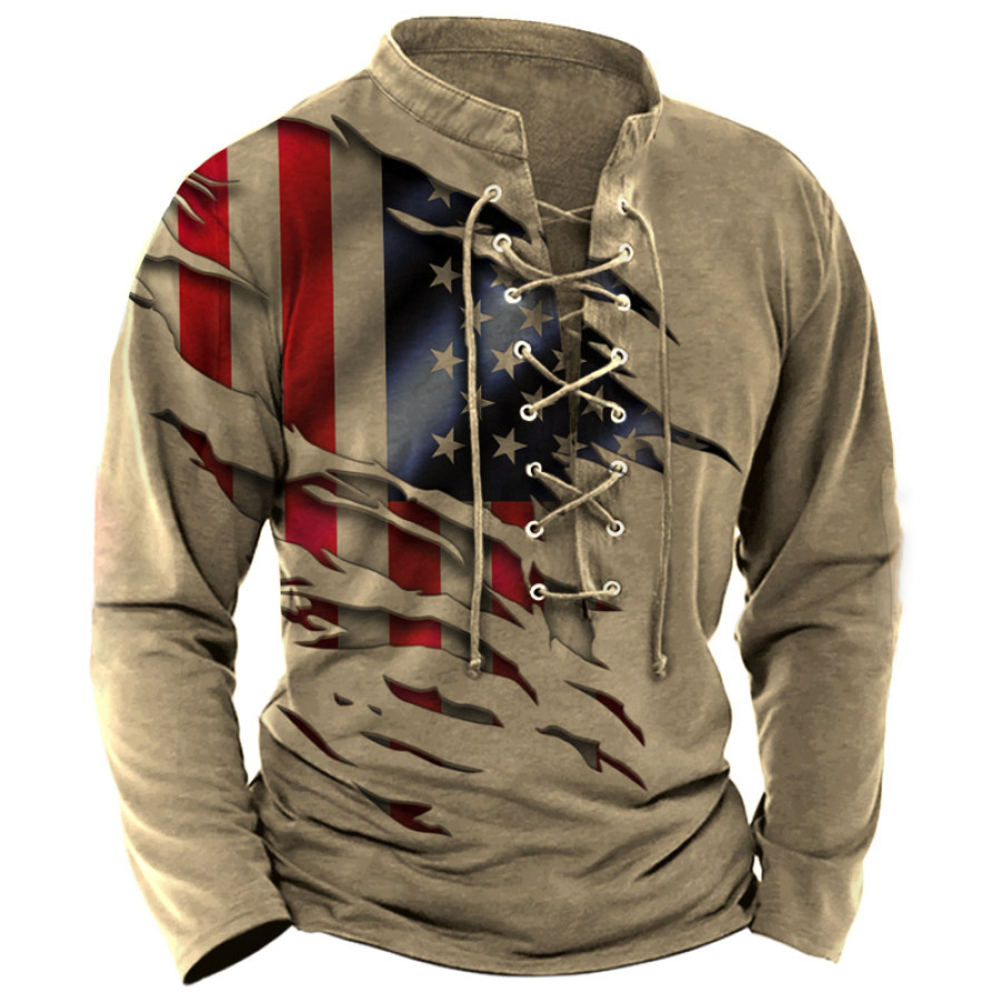 

Men's Vintage American Flag Print Retro Lace Up T-Shirt