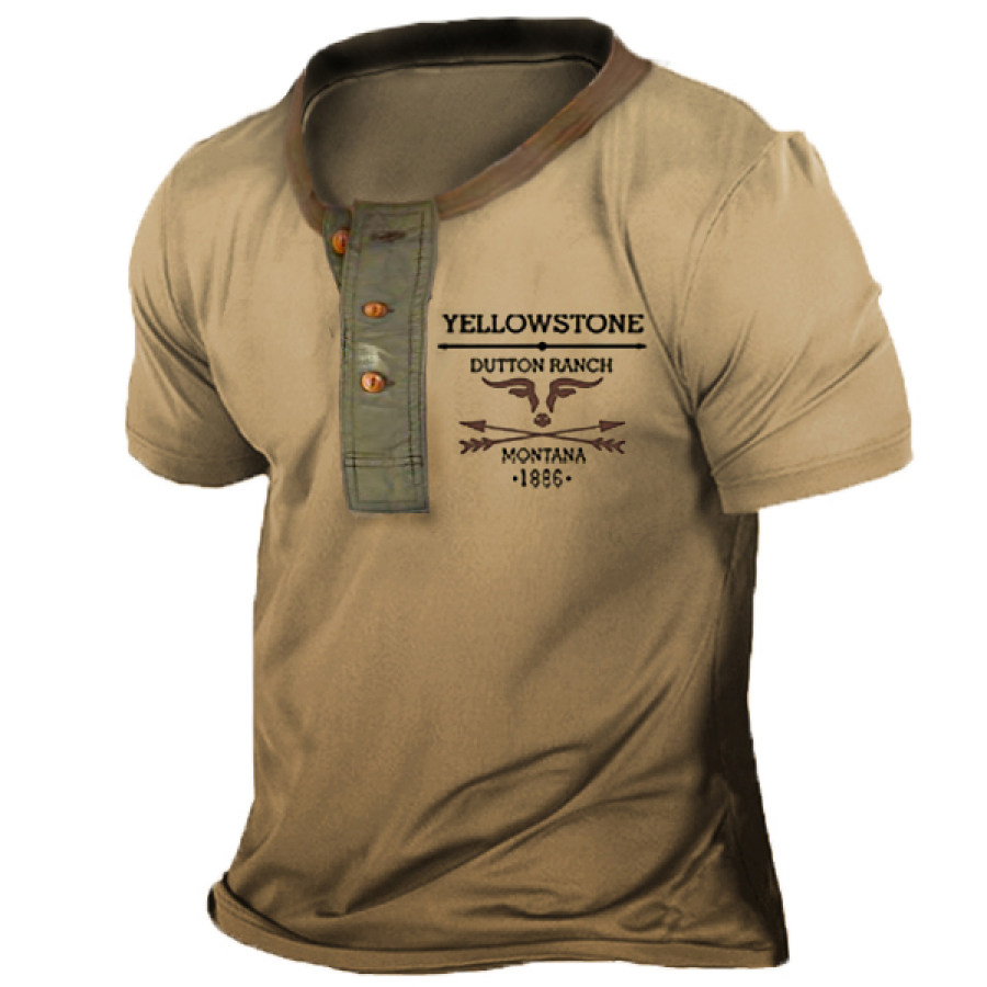 

Men's Vintage Western Yellowstone Henley Collar Short Sleeve T-Shirt