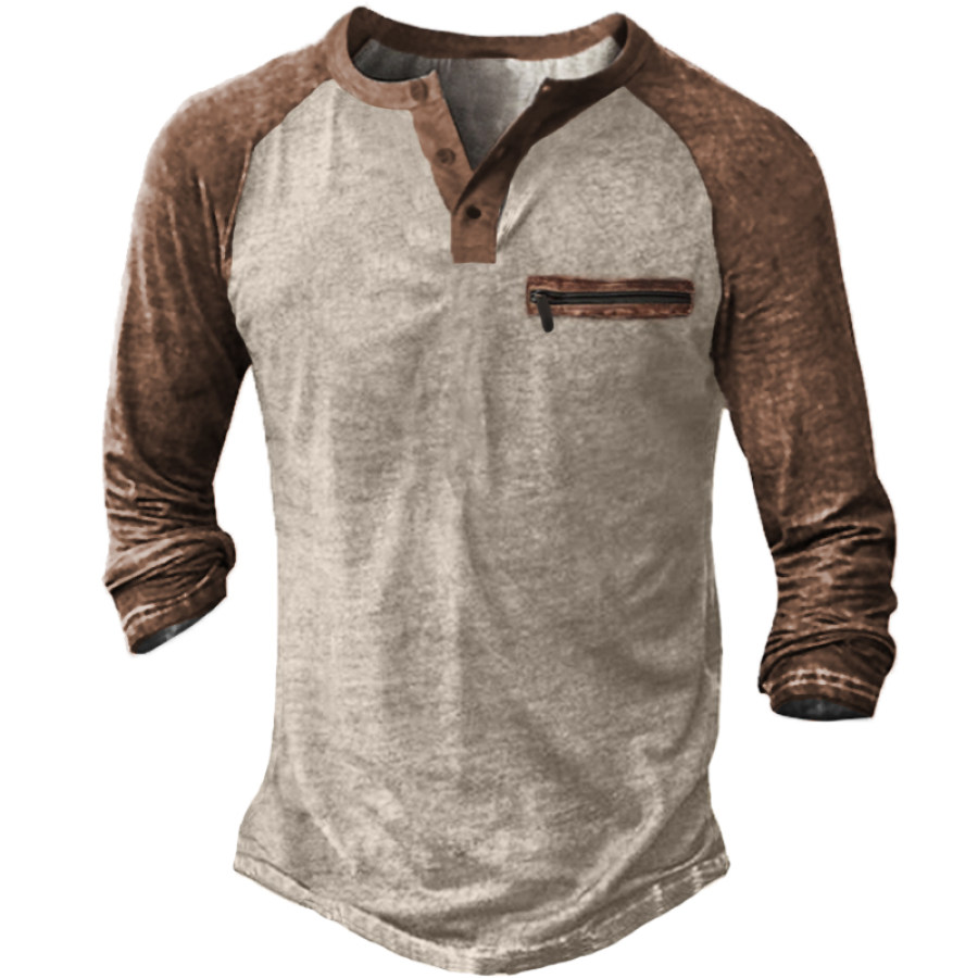 

Men's Vintage Panel Zip Pocket Henley Collar T-Shirt