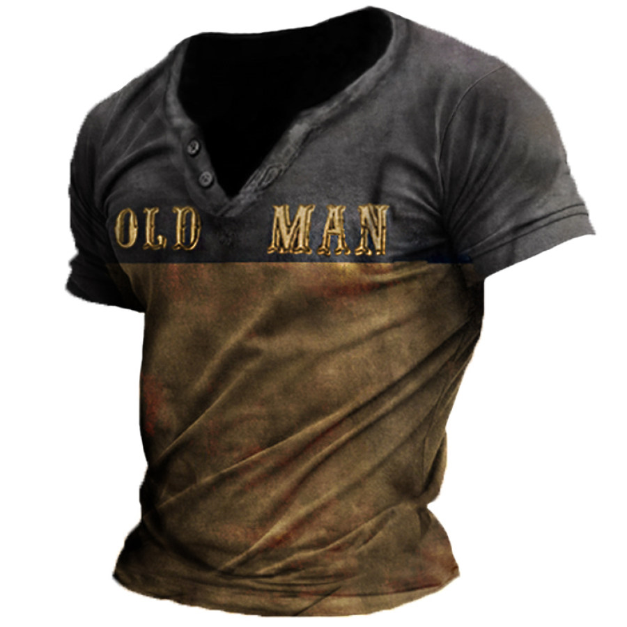 

Old Man Vintage Stitching Contrast Color V-Neck T-Shirt