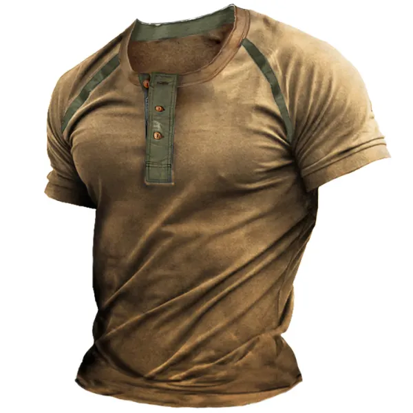 Men's Vintage Henley Collar Short Sleeve T-Shirt - Kalesafe.com 