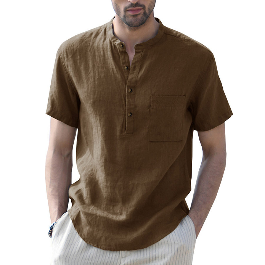 

Men's Casual Solid Color Short Sleeve Henley Collar Cotton Linen Shirt