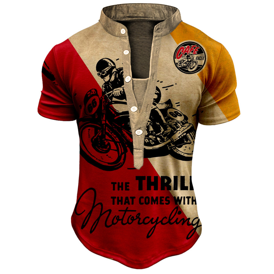 

Men's Vintage American Route 66 Moto Racing Short Sleeve Henley T-Shirt
