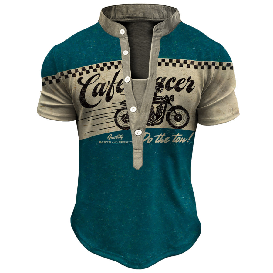 

Men's Vintage American Route 66 Moto Racing Short Sleeve Henley T-Shirt