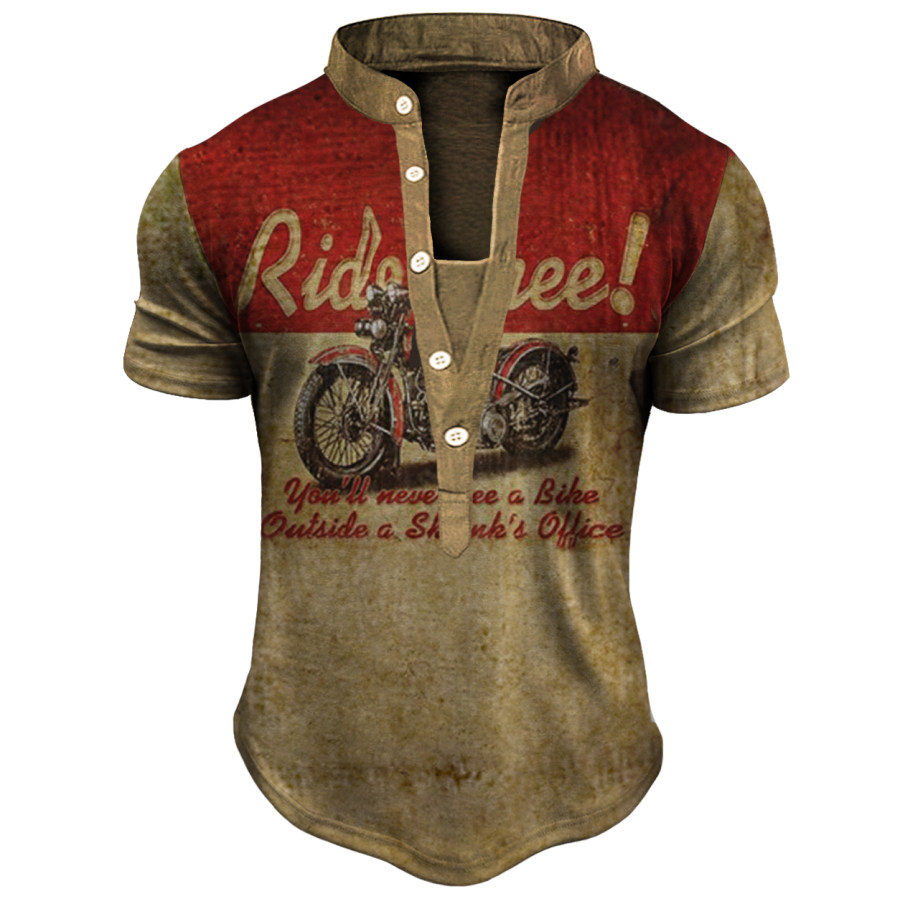 

Men's Vintage Motorcycle Short Sleeve Henley Collar T-Shirt