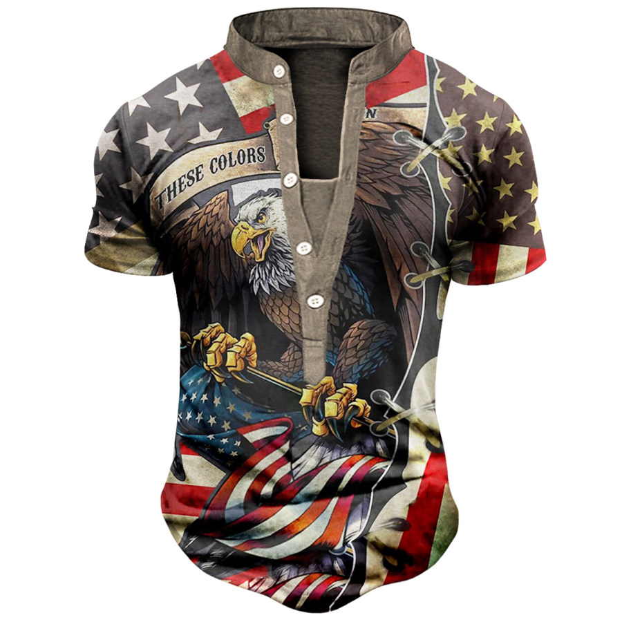 

Men's Vintage American Flag Eagle Print Henley T-Shirt
